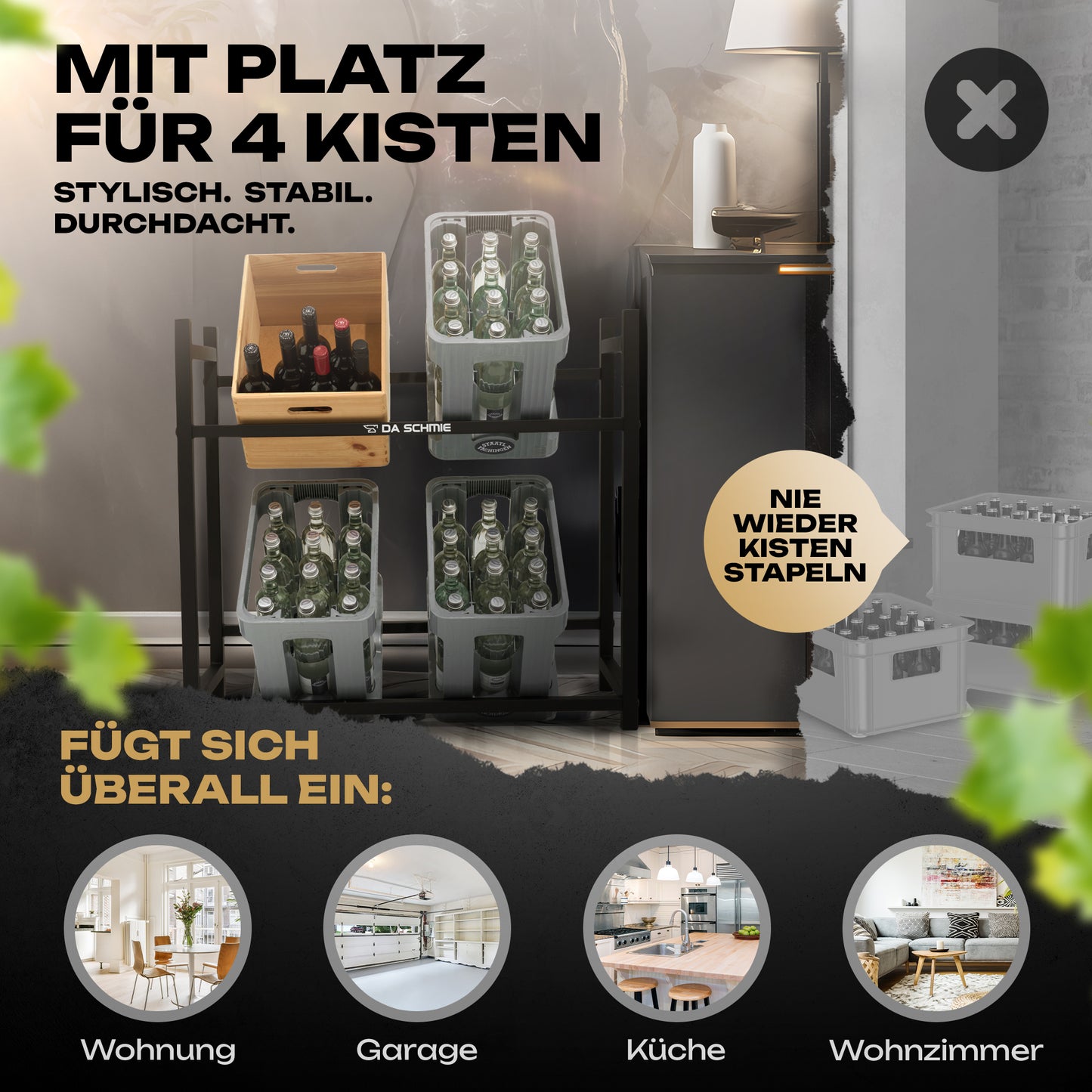 Das DA SCHMIE Getränkekistenregal für 4 Getränkekisten aus schwarzem Metall bietet Platz für vier Getränkekisten und eignet sich ideal zur Aufbewahrung in Wohnung, Garage, Küche oder Wohnzimmer.