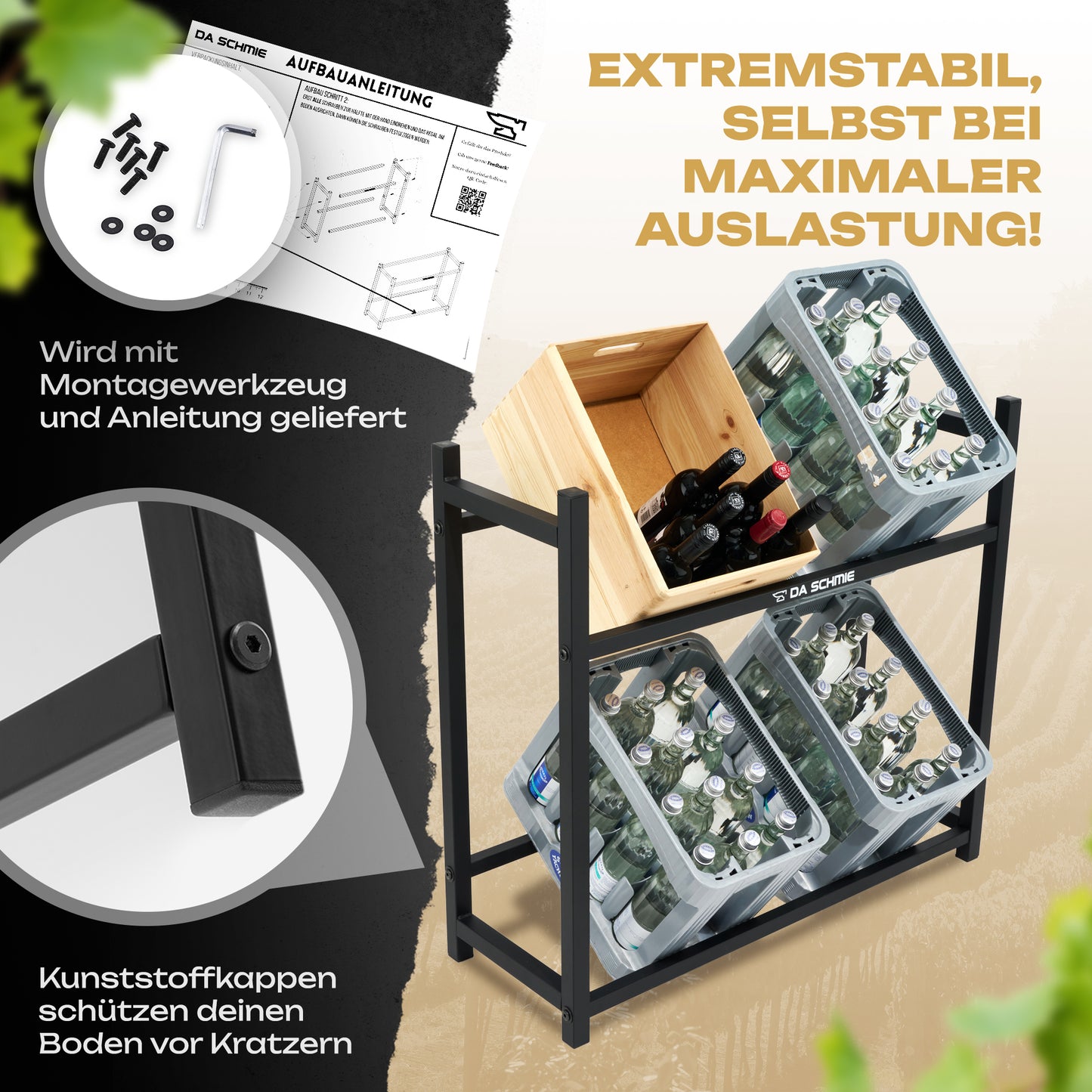 Das DA SCHMIE Getränkekistenregal für 4 Getränkekisten aus schwarzem Metall hält Weinflaschen und eine Holzkiste. Nahaufnahmen zeigen mitgeliefertes Montagematerial, Kunststoff-Endkappen und Aufbauanleitung – deutsche Hinweise betonen die Stabilität.