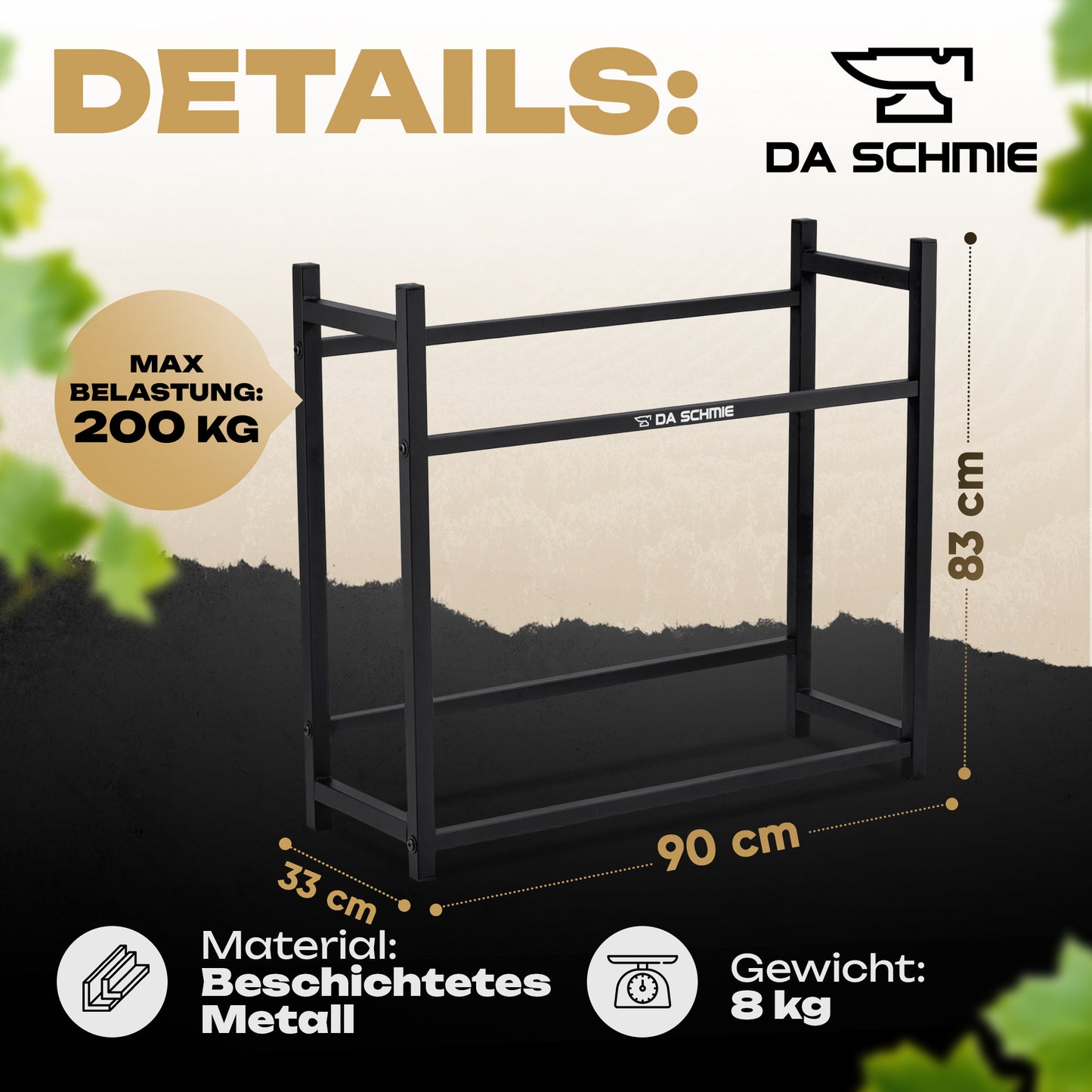 Das DA SCHMIE Getränkekistenregal für 4 Getränkekisten ist ein schwarzes Metallregal zur Getränkeaufbewahrung (90x33x83 cm), trägt bis zu 200kg, wiegt 8kg und besteht aus robustem beschichtetem Metall.