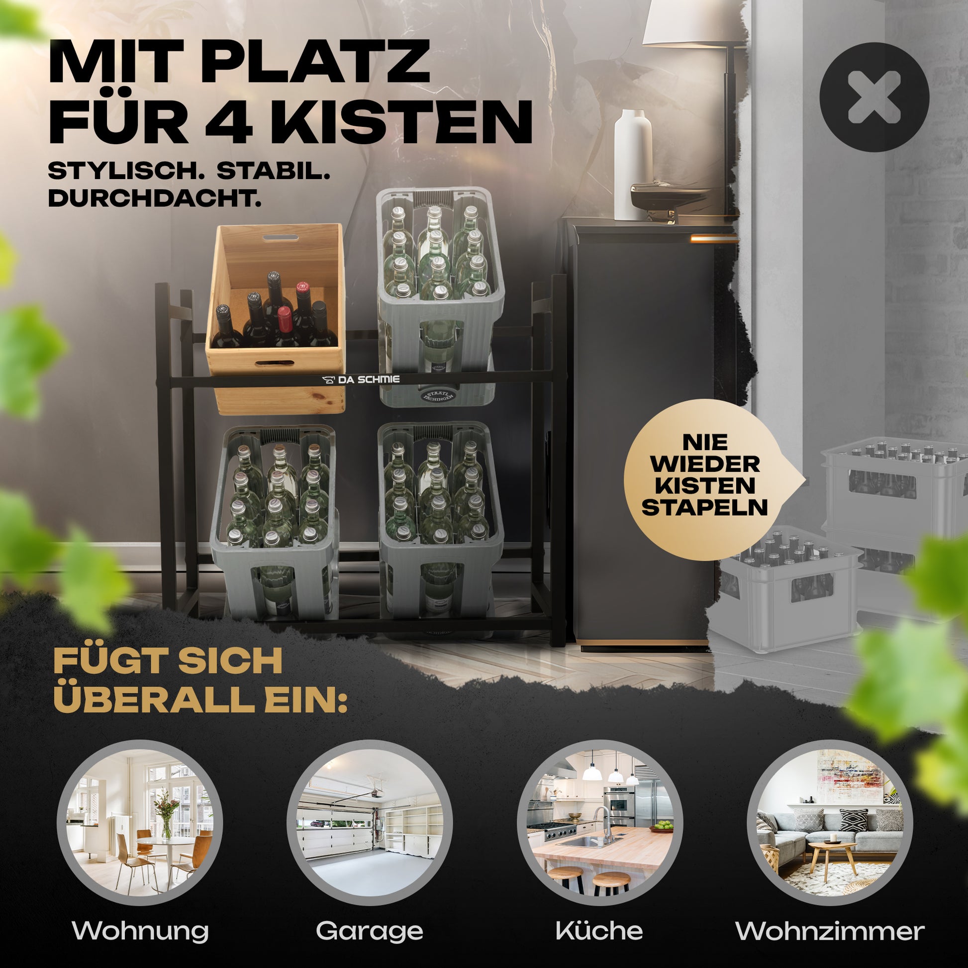 Das DA SCHMIE Getränkekistenregal für 4 Getränkekisten aus schwarzem Metall bietet Platz für vier Getränkekisten und eignet sich ideal zur Aufbewahrung in Wohnung, Garage, Küche oder Wohnzimmer.