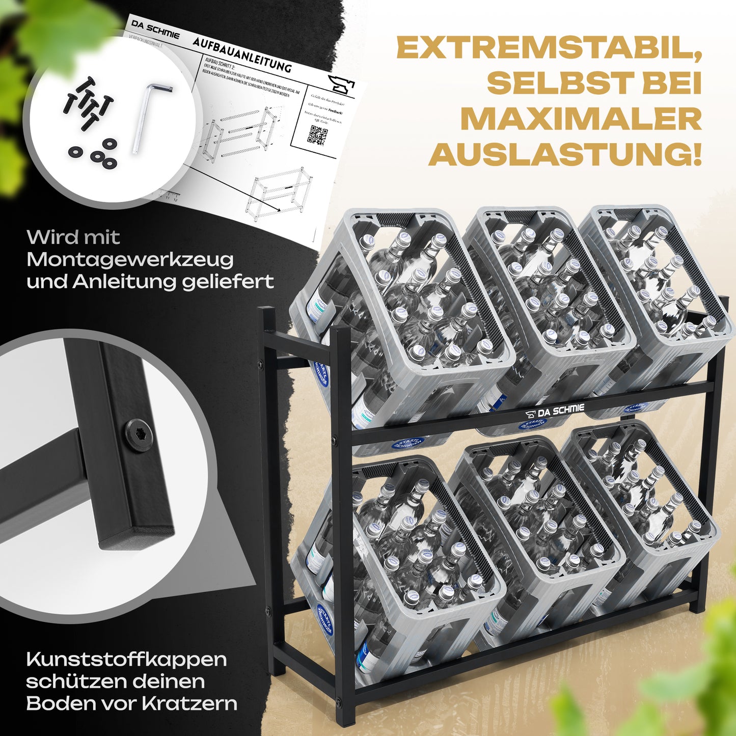 Das DA SCHMIE Getränkekistenregal für 6 Getränkekisten aus Metall bietet Ordnung, Stabilität und optimale Getränkeaufbewahrung. Mit Anleitung, Schrauben, Werkzeug schützen sowie den Plastikfüßen ist das Montageset komplett enthalten.
