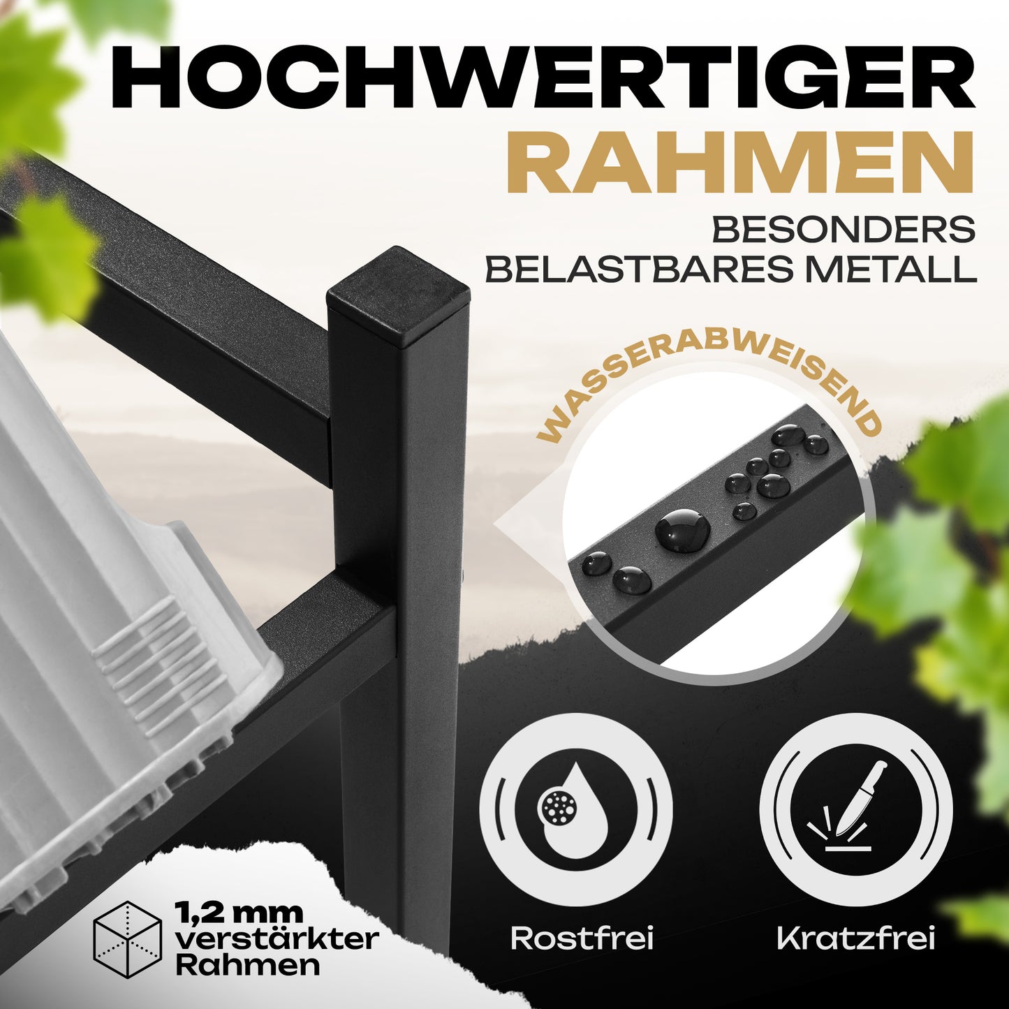 Eine Nahaufnahme des DA SCHMIE Getränkekistenregals für 6 Getränkekisten zeigt hochwertiges, wasserabweisendes, rost- und kratzfestes schwarzes Metall. Ein Ausschnitt mit Wassertropfen betont Ordnung und Langlebigkeit.