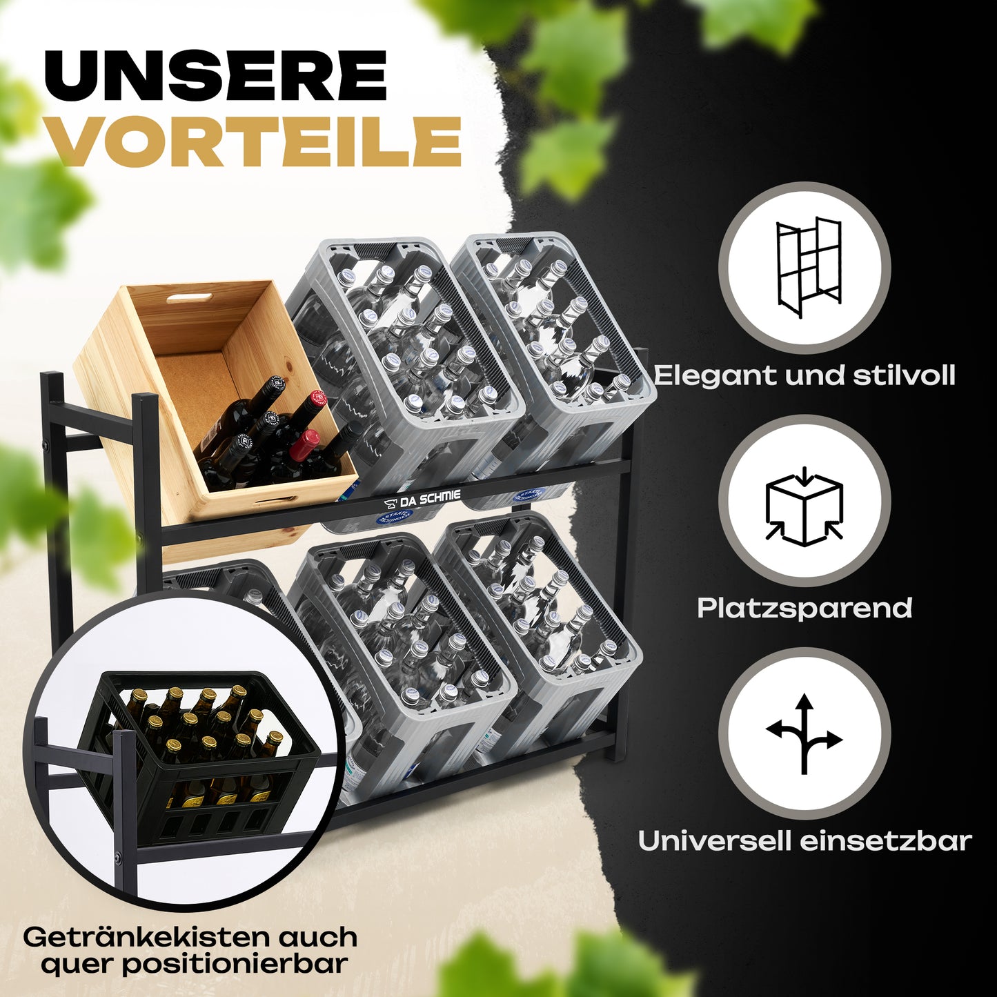 Das DA SCHMIE Getränkekistenregal für 6 Getränkekisten aus schwarzem Metall hält mehrere Getränkekisten und eine Holzkiste, ist elegant und stilvoll, bietet platzsparende Getränkeaufbewahrung und fördert Ordnung. Grüne Blätter rahmen das Bild ein.