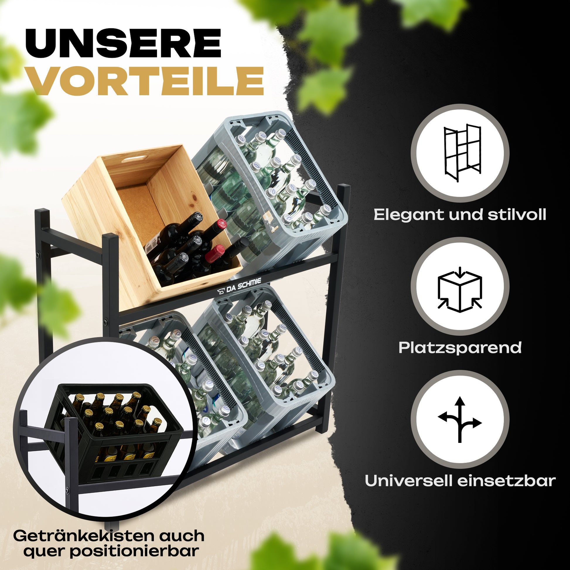 Das DA SCHMIE Getränkekistenregal für 4 Getränkekisten aus schwarzem Metall bietet Platz für bis zu vier Kisten – aus Holz oder Kunststoff. Icons zeigen sein elegantes, platzsparendes, universelles Design für die Getränkeaufbewahrung; Deutscher Text erläutert die Funktionen.