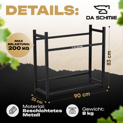 Das DA SCHMIE Getränkekistenregal für 4 Getränkekisten ist ein schwarzes Metallregal zur Getränkeaufbewahrung (90x33x83 cm), trägt bis zu 200kg, wiegt 8kg und besteht aus robustem beschichtetem Metall.