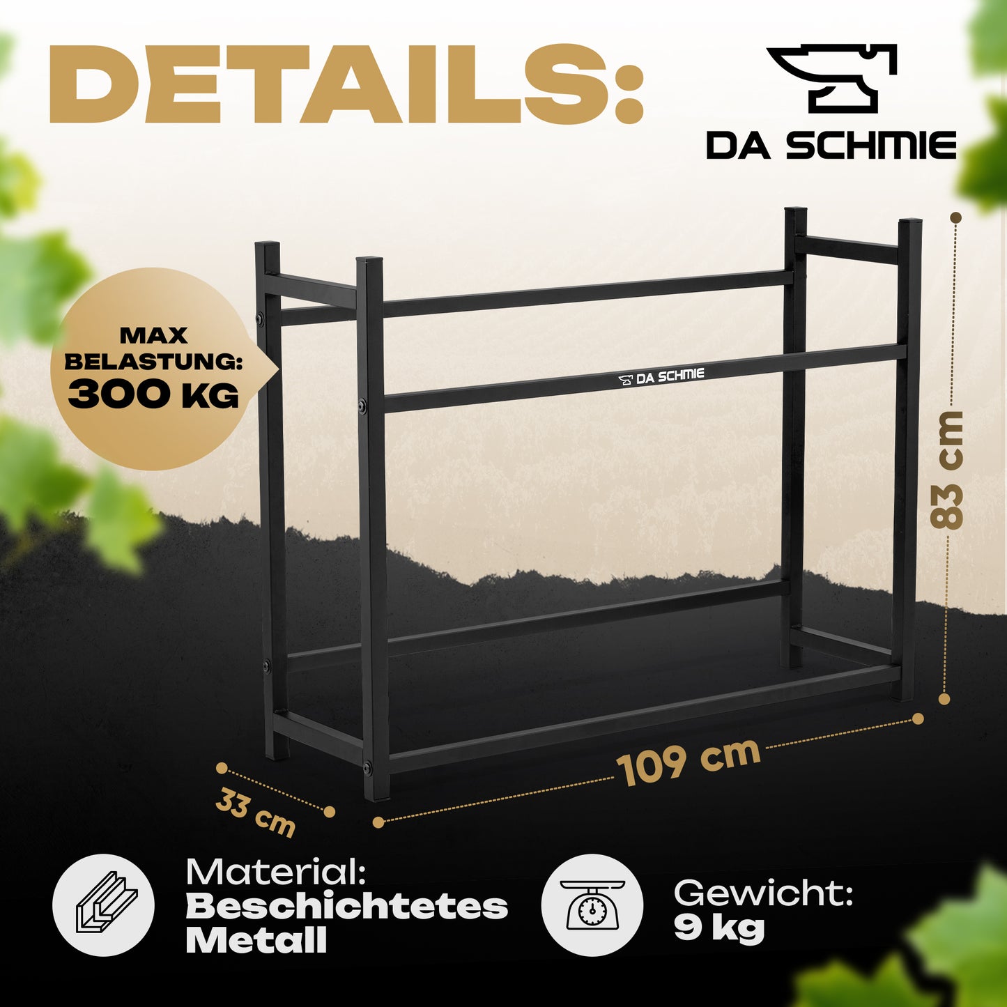 Das schwarze Metall-Getränkekistenregal für 6 Getränkekisten von DA SCHMIE (109x33x83 cm) mit 4 Beinen und 2 Ebenen, wiegt 9 kg, trägt bis zu 300 kg. Ideal für Getränkeaufbewahrung und Ordnung. Mit DA SCHMIE Logo und Produktdetails.