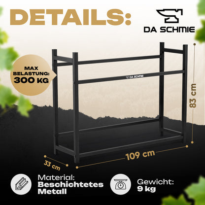 Das schwarze Metall-Getränkekistenregal für 6 Getränkekisten von DA SCHMIE (109x33x83 cm) mit 4 Beinen und 2 Ebenen, wiegt 9 kg, trägt bis zu 300 kg. Ideal für Getränkeaufbewahrung und Ordnung. Mit DA SCHMIE Logo und Produktdetails.